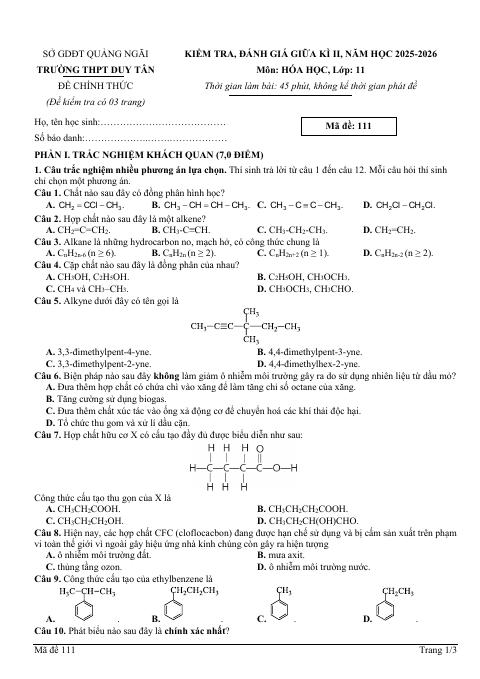 Đề thi Giữa kì 2 Hóa học 11 năm 2025-2026 trường THPT Duy Tân (Quảng Ngãi)